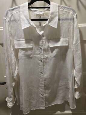 Calvin Klein Linen Button‑Front Shirt – White – 2X – NWT